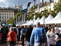 Several people test bikes during the first bikes Lyon festival in Lyon, France, on September 28, 2024. (