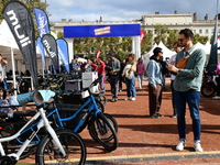 Several people test bikes during the first bikes Lyon festival in Lyon, France, on September 28, 2024. (