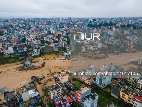 A drone view shows the Nakhu River flooding and affecting the riverbanks and homes during heavy rainfall in Lalitpur, Nepal, on September 28...