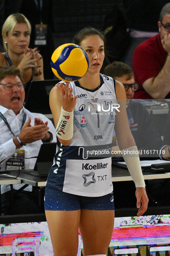 Helena Cazaute of Vero Volley Milano is in action during the Supercoppa Fineco Lega Volley Femminile between Prosecco Doc Imoco Conegliano a...