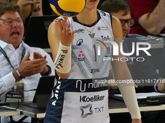 Helena Cazaute of Vero Volley Milano is in action during the Supercoppa Fineco Lega Volley Femminile between Prosecco Doc Imoco Conegliano a...