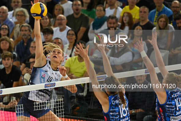 Nika Daalderop of Vero Volley Milano is in action during the Supercoppa Fineco Lega Volley Femminile between Prosecco Doc Imoco Conegliano a...