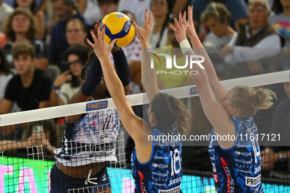 Myriam Sylla of Vero Volley Milano is in action during the Supercoppa Fineco Lega Volley Femminile between Prosecco Doc Imoco Conegliano and...