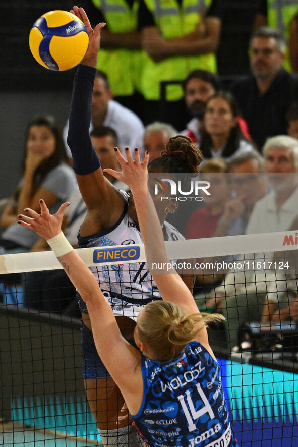 Myriam Sylla of Vero Volley Milano is in action during the Supercoppa Fineco Lega Volley Femminile between Prosecco Doc Imoco Conegliano and...