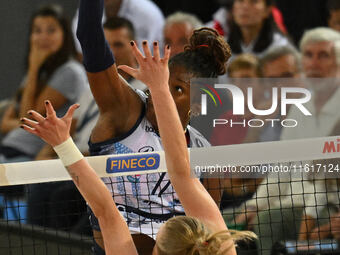 Myriam Sylla of Vero Volley Milano is in action during the Supercoppa Fineco Lega Volley Femminile between Prosecco Doc Imoco Conegliano and...