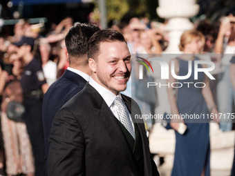 Matthew Jeremiah Kumar arrives for his wedding with Princess Theodora Glucksburg of Greece at the Metropolitan Cathedral of Athens in Athens...