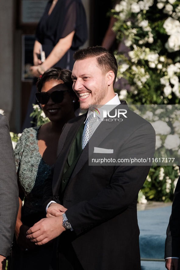 Matthew Jeremiah Kumar arrives for his wedding with Princess Theodora Glucksburg of Greece at the Metropolitan Cathedral of Athens in Athens...