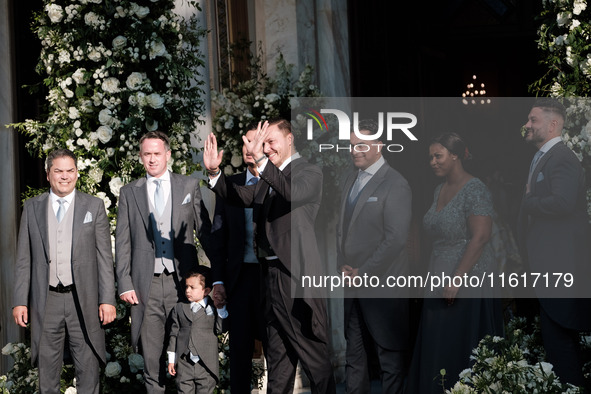 Matthew Jeremiah Kumar arrives for his wedding with Princess Theodora Glucksburg of Greece at the Metropolitan Cathedral of Athens in Athens...