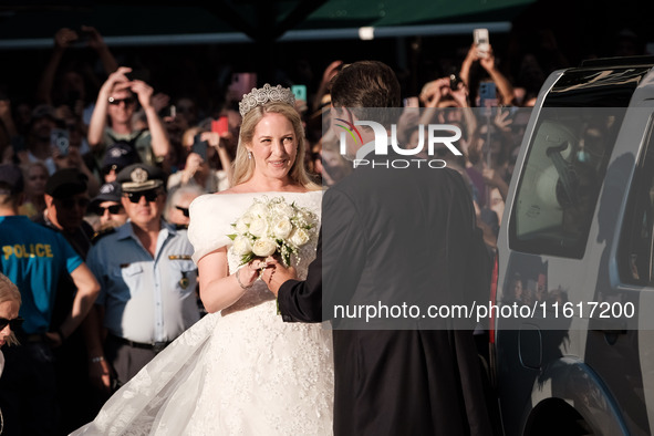 Princess Theodora Glucksburg of Greece and her brother Pavlos, former Crown Prince of Greece, arrive for her wedding with Matthew Jeremiah K...