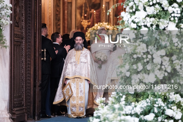 Princess Theodora Glucksburg of Greece after her wedding with Matthew Jeremiah Kumar at the Metropolitan Cathedral of Athens, Greece, on Sep...