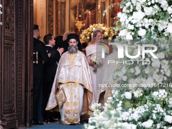 Princess Theodora Glucksburg of Greece after her wedding with Matthew Jeremiah Kumar at the Metropolitan Cathedral of Athens, Greece, on Sep...