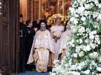 Princess Theodora Glucksburg of Greece after her wedding with Matthew Jeremiah Kumar at the Metropolitan Cathedral of Athens, Greece, on Sep...