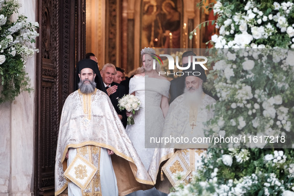 Princess Theodora Glucksburg of Greece after her wedding with Matthew Jeremiah Kumar at the Metropolitan Cathedral of Athens, Greece, on Sep...