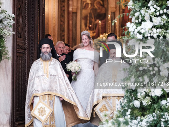 Princess Theodora Glucksburg of Greece after her wedding with Matthew Jeremiah Kumar at the Metropolitan Cathedral of Athens, Greece, on Sep...