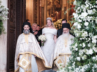 Princess Theodora Glucksburg of Greece after her wedding with Matthew Jeremiah Kumar at the Metropolitan Cathedral of Athens, Greece, on Sep...