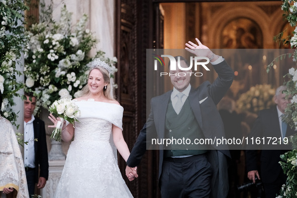 Princess Theodora Glucksburg of Greece and Matthew Jeremiah Kumar after their wedding at the Metropolitan Cathedral in Athens, Greece, on Se...