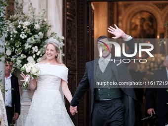 Princess Theodora Glucksburg of Greece and Matthew Jeremiah Kumar after their wedding at the Metropolitan Cathedral in Athens, Greece, on Se...