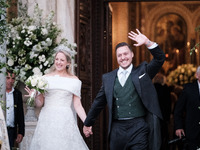 Princess Theodora Glucksburg of Greece and Matthew Jeremiah Kumar after their wedding at the Metropolitan Cathedral in Athens, Greece, on Se...