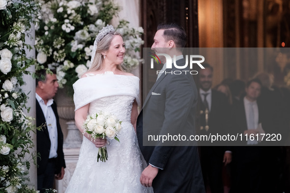 Princess Theodora Glucksburg of Greece and Matthew Jeremiah Kumar after their wedding at the Metropolitan Cathedral in Athens, Greece, on Se...