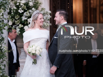 Princess Theodora Glucksburg of Greece and Matthew Jeremiah Kumar after their wedding at the Metropolitan Cathedral in Athens, Greece, on Se...