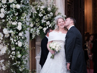 Princess Theodora Glucksburg of Greece and Matthew Jeremiah Kumar kiss each other after their wedding at the Metropolitan Cathedral in Athen...