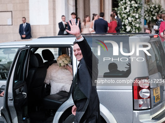 Matthew Jeremiah Kumar greets after his wedding with Princess Theodora Glucksburg at the Metropolitan Cathedral of Athens in Athens, Greece,...