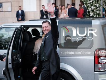 Matthew Jeremiah Kumar greets after his wedding with Princess Theodora Glucksburg at the Metropolitan Cathedral of Athens in Athens, Greece,...