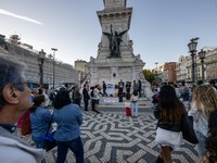 Several activists rally during a demonstration in Restauradores Square in Lisbon, Portugal, on September 28, 2024, as a result of the allege...