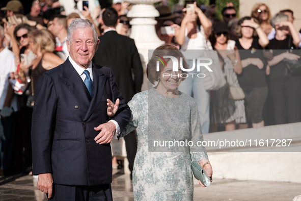 Alexander of Serbia and Katherine Batis arrive for the wedding of Princess Theodora Glucksburg of Greece and Matthew Jeremiah Kumar at the M...