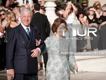 Alexander of Serbia and Katherine Batis arrive for the wedding of Princess Theodora Glucksburg of Greece and Matthew Jeremiah Kumar at the M...