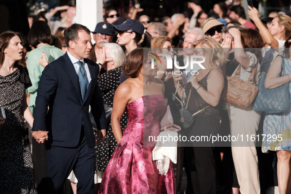 Guests arrive for the wedding of Princess Theodora Glucksburg of Greece and Matthew Jeremiah Kumar at the Metropolitan Cathedral of Athens,...