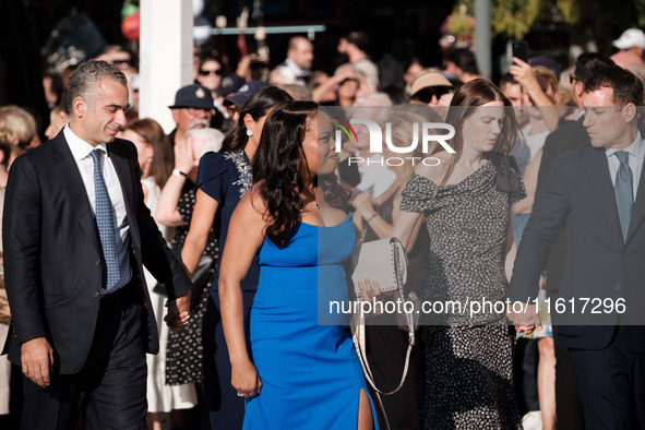 Guests arrive for the wedding of Princess Theodora Glucksburg of Greece and Matthew Jeremiah Kumar at the Metropolitan Cathedral of Athens,...