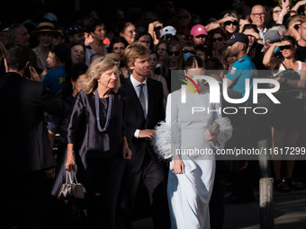 Guests arrive for the wedding of Princess Theodora Glucksburg of Greece and Matthew Jeremiah Kumar at the Metropolitan Cathedral of Athens,...