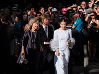 Guests arrive for the wedding of Princess Theodora Glucksburg of Greece and Matthew Jeremiah Kumar at the Metropolitan Cathedral of Athens,...