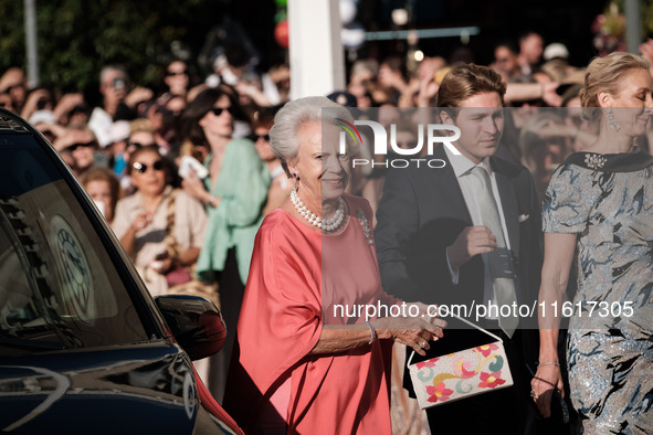 Princess Benedikte of Denmark arrives for the wedding of Princess Theodora Glucksburg of Greece and Matthew Jeremiah Kumar at the Metropolit...