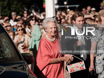 Princess Benedikte of Denmark arrives for the wedding of Princess Theodora Glucksburg of Greece and Matthew Jeremiah Kumar at the Metropolit...