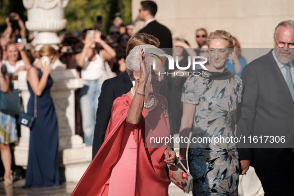 Princess Benedikte of Denmark arrives for the wedding of Princess Theodora Glucksburg of Greece and Matthew Jeremiah Kumar at the Metropolit...