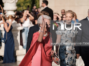 Princess Benedikte of Denmark arrives for the wedding of Princess Theodora Glucksburg of Greece and Matthew Jeremiah Kumar at the Metropolit...