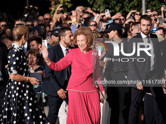 Queen Sofia of Spain and Princess Christina of Spain arrive for the wedding of Princess Theodora Glucksburg of Greece and Matthew Jeremiah K...