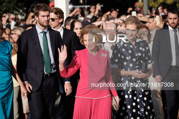 Queen Sofia of Spain and Princess Christina of Spain arrive for the wedding of Princess Theodora Glucksburg of Greece and Matthew Jeremiah K...