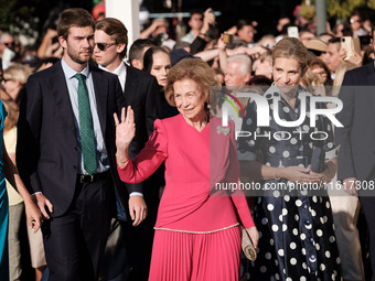 Queen Sofia of Spain and Princess Christina of Spain arrive for the wedding of Princess Theodora Glucksburg of Greece and Matthew Jeremiah K...