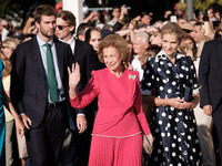 Queen Sofia of Spain and Princess Christina of Spain arrive for the wedding of Princess Theodora Glucksburg of Greece and Matthew Jeremiah K...