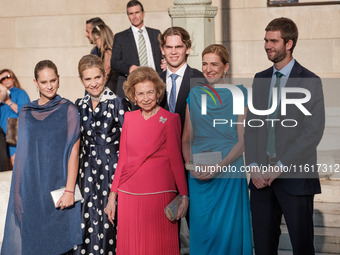 Irene Urdangarin, Infanta Elena de Borbon, Queen Sofia of Greece, Infanta Cristina de Borbon, Miguel Urdangarin, and Juan Urdangarin arrive...