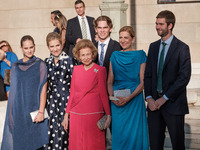 Irene Urdangarin, Infanta Elena de Borbon, Queen Sofia of Greece, Infanta Cristina de Borbon, Miguel Urdangarin, and Juan Urdangarin arrive...