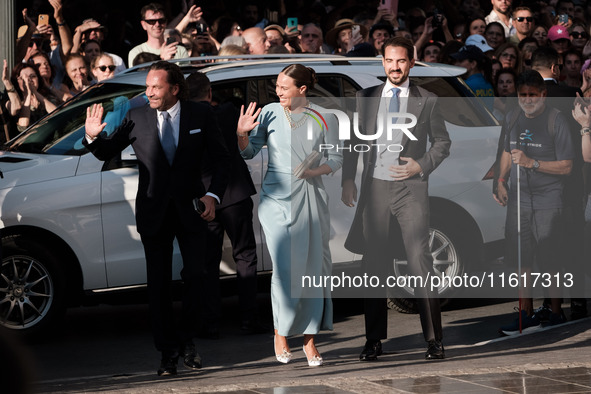 Philippos, son of former King of Greece Constantine II, and his wife Nina Flohn arrive for the wedding of Princess Theodora Glucksburg of Gr...