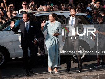 Philippos, son of former King of Greece Constantine II, and his wife Nina Flohn arrive for the wedding of Princess Theodora Glucksburg of Gr...