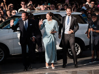 Philippos, son of former King of Greece Constantine II, and his wife Nina Flohn arrive for the wedding of Princess Theodora Glucksburg of Gr...