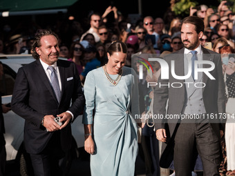 Philippos, son of former King of Greece Constantine II, and his wife Nina Flohn arrive for the wedding of Princess Theodora Glucksburg of Gr...