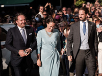 Philippos, son of former King of Greece Constantine II, and his wife Nina Flohn arrive for the wedding of Princess Theodora Glucksburg of Gr...