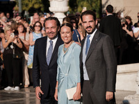 Philippos, son of former King of Greece Constantine II, and his wife Nina Flohn arrive for the wedding of Princess Theodora Glucksburg of Gr...